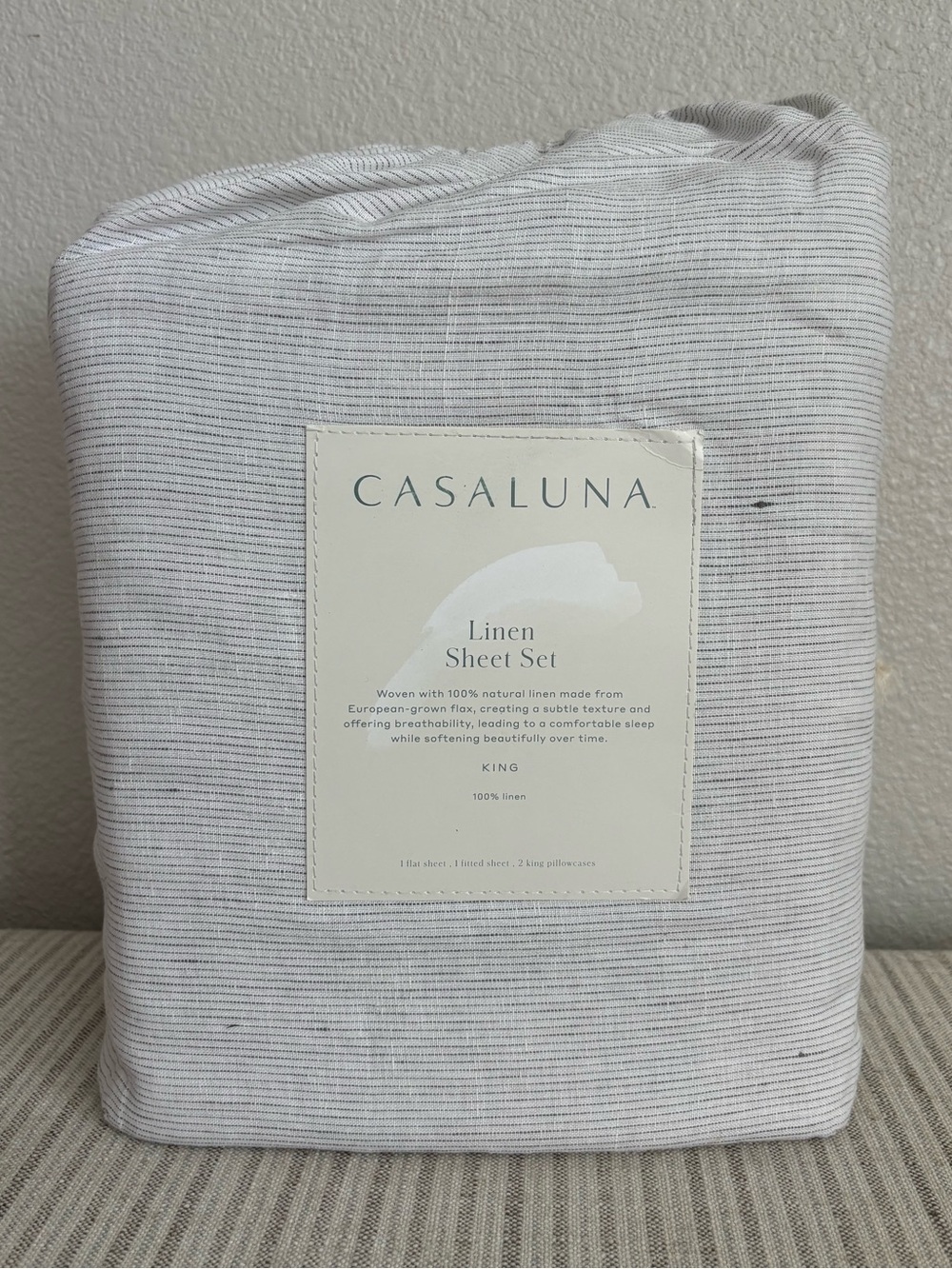 NWT King 100% Linen Sheet Set Dark Gray Micro Stripe - Casaluna